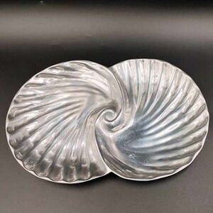 VTG Double Seashell Tray Dish Ocean Beach Hollywood Regency Mexico Pewter Silver